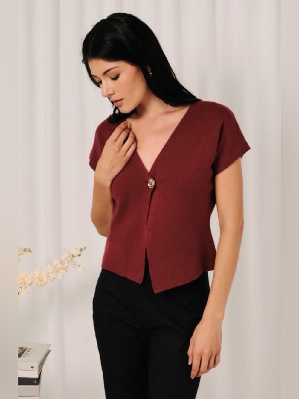 194 Deep Burgundy V-Neck Short Sleeve Top
